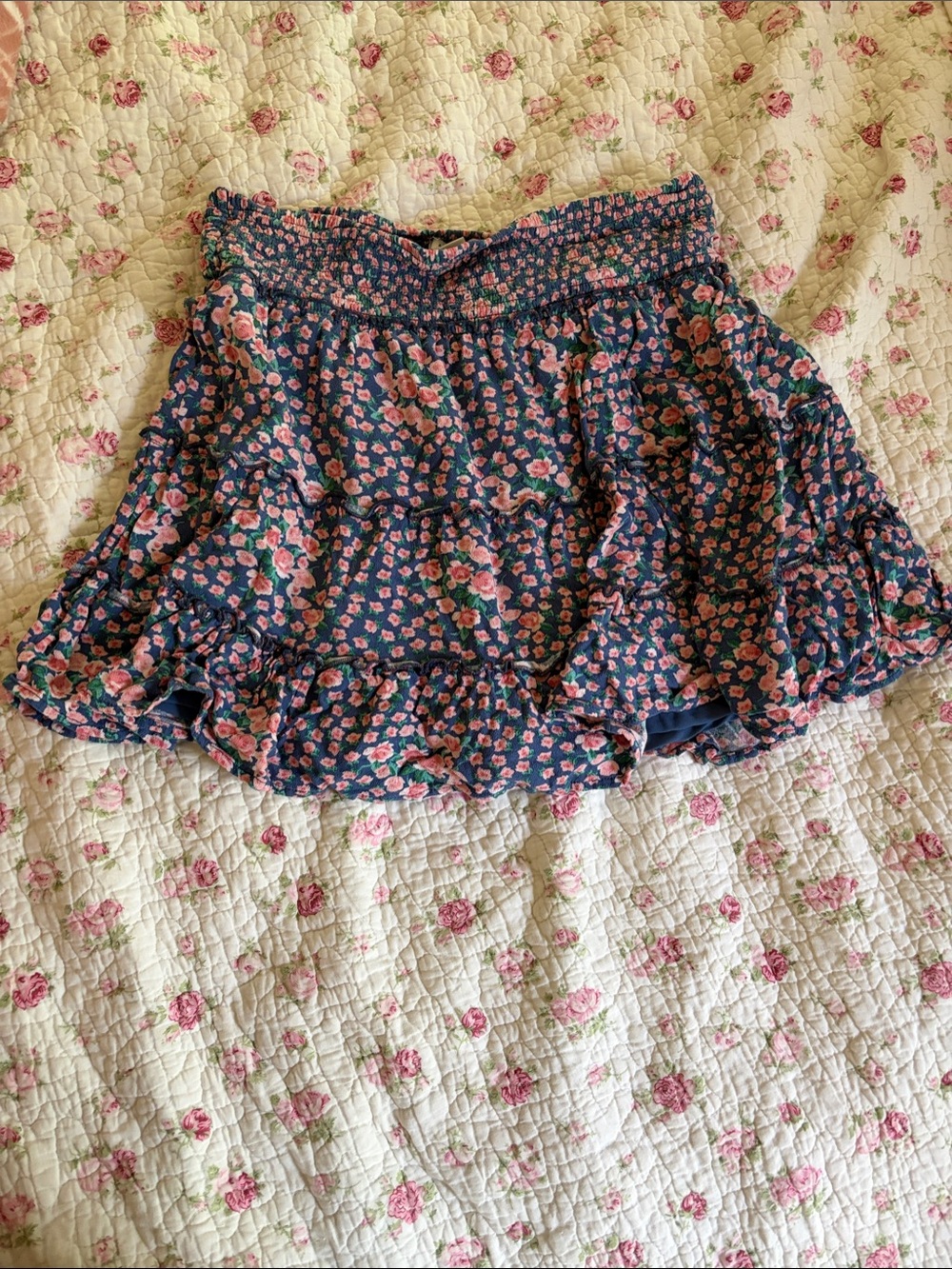 American Eagle Outfitters Navy Tiered Mini Skirt with Pink Floral Print